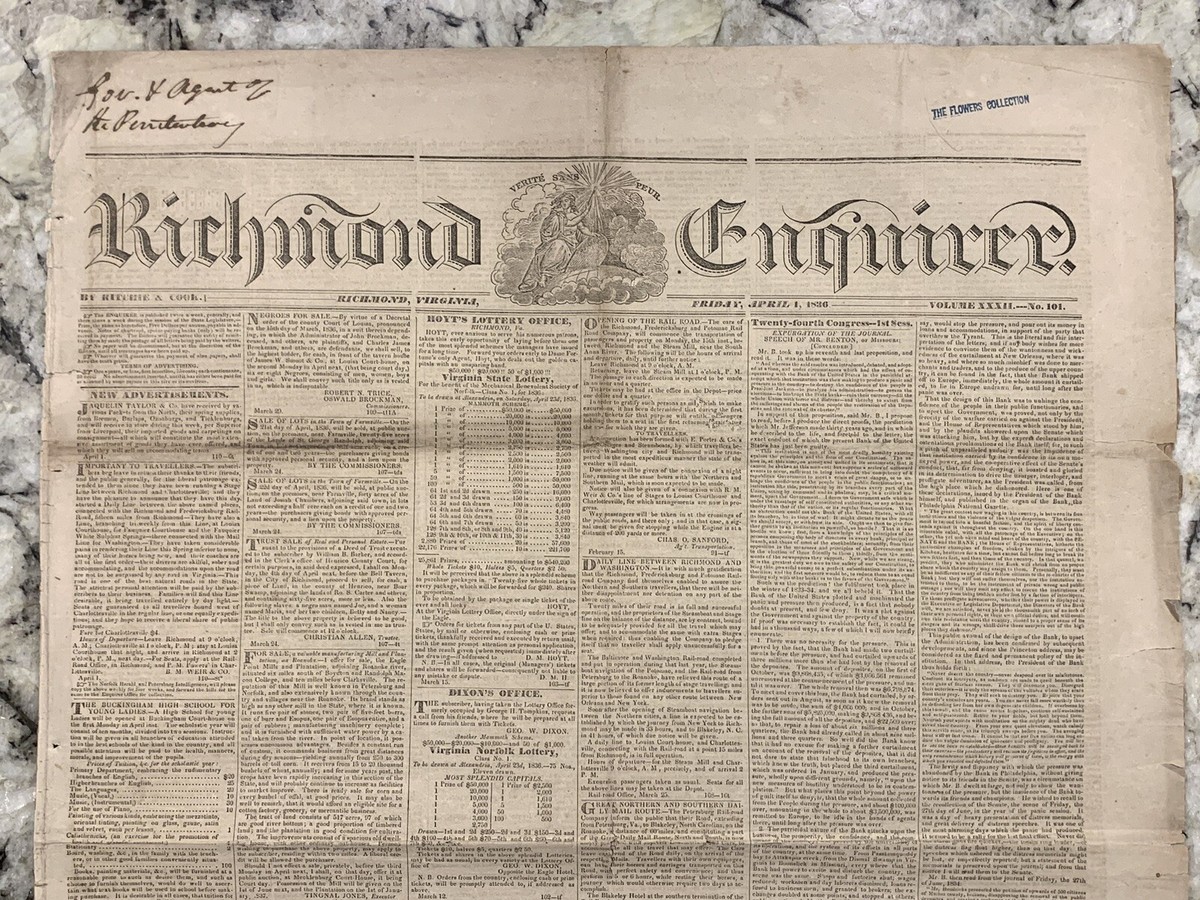 NEWSPAPER: April 1 1836 Richmond Enquirer - Battle of the Alamo