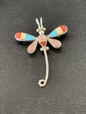 Turquoise Mother of Pearl Zuni Sterling Silver Dragonfly Inlay Pin Pendant 12325