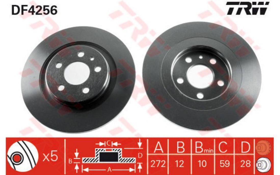 2x Disques de Frein Arrière 272mm TRW DF4256 Plein pour Monospace Citroen C8