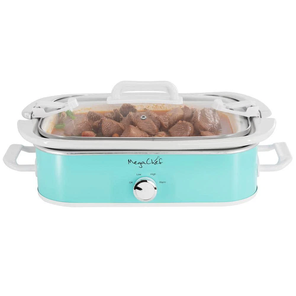 MegaChef Slow Cooker 3.5 Qt Casserole Turquoise 3 Temperature Settings Glass Lid