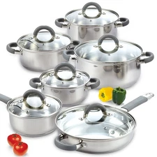 Cook N Home 12-Piece Stainless Steel Pots & Pans Cookware Set w/ Silicone Handle