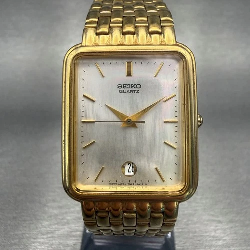 Seiko Watch Men 26mm MOP Dial Gold Tone Date Rectangle 7N22-5A19 New Battery