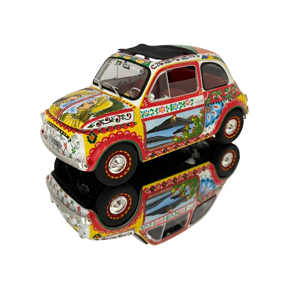 Fiat 500 F 1:12 dipinta a mano + Teca in Legno con Luci a LED modello Unico - Immagine 3 di 4