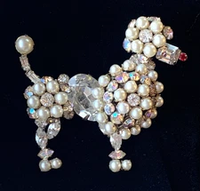 Vintage Schreiner Rhinestone Faux Pearl Poodle Brooch - Signed
