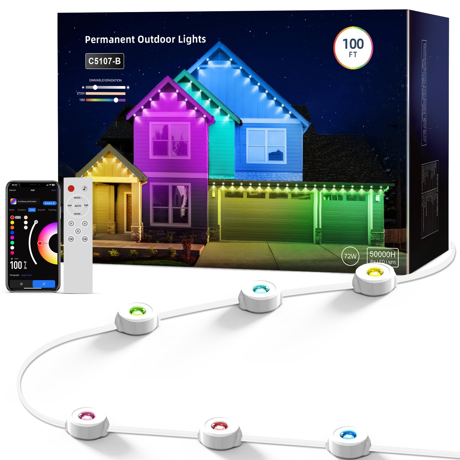 100ft Outdoor LED Lights with 111 Scene Modes, IP65 Waterproof, Smart Compatible