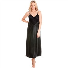 Nightie Chemise Long Satin and Lace Ladies Nightie Nightdress Negligee UK 10-28