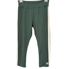 Tory Sport by Tory Burch Capri Leggings S Green Ivory Side Stripe Zip Pocket
