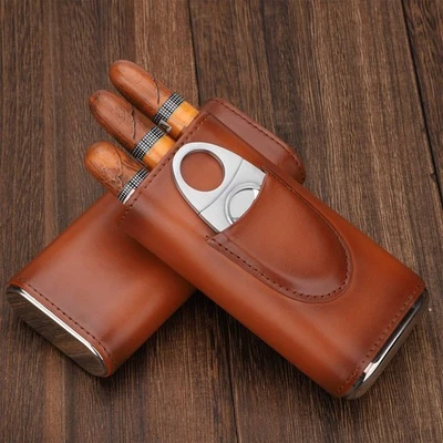 Travel Humidor Leather Cedar Wood Cigar Case Portable Holder With Cutter Gift
