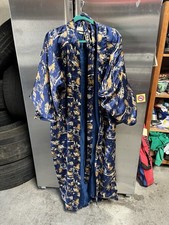 Vintage 50s Smoking Jacket Floral Blue Embossed Robe with Fringe Belt