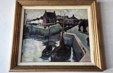 Dutch school, unknown modern painting, Village harbour & horses, 1950(?)