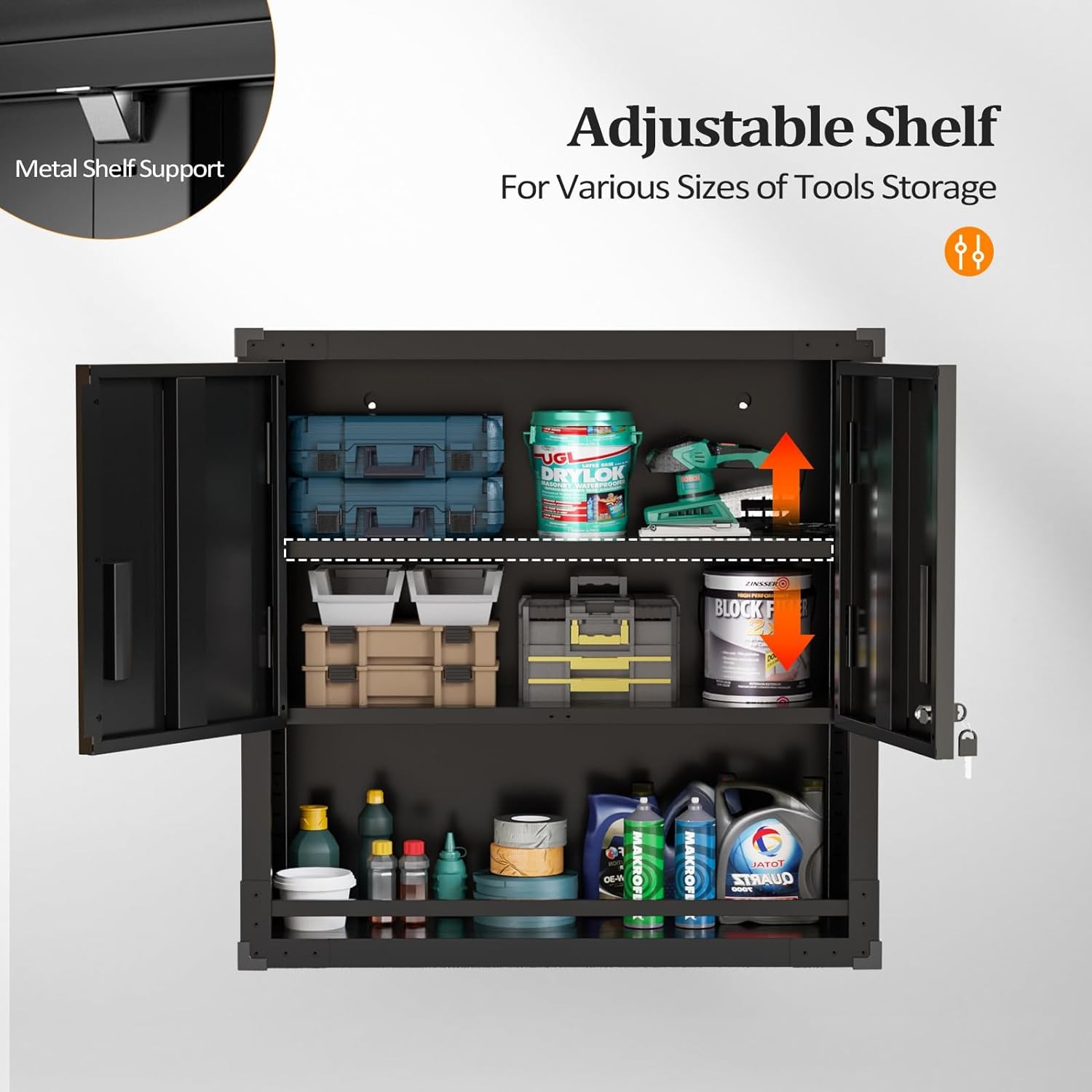Metal Wall Mounted Storage Cabinets with Locking Doors & Adjustable Shelf Black