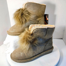 BEARPAW Loki IV Women  s Gray Suede Faux Fur Bootie Slippers US 8 So Cute Flirty