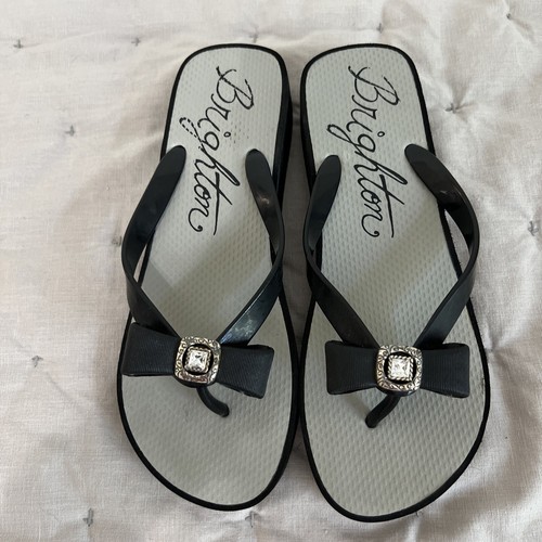 Brighton Bowie Sz 9 Black Silver Rhinestone Bow Thong Wedge Flip Flop Shoes