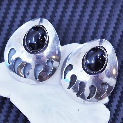 Native American handmade sterling silver 925 bear paw studs earrings with onyx
