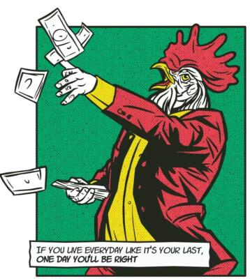 3” Retro Cartoon Chicken Sticker Life Advice Throw Away Money Rooster