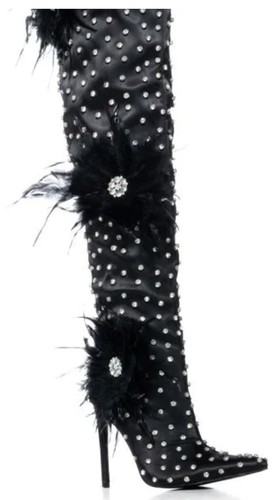 AZALEA WANG Taryn Black Satin Feather Flower Thigh High Stiletto Heel Boots Sz 8 - Picture 2 of 4