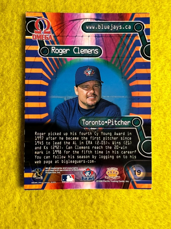 ROGER CLEMENS TORONTO 1998 OMEGA MLB BASEBALL , ON LINE INSERT , RARE CARD #19 - Image 2 of 2