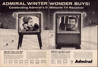 #ad #ad 1955 Admiral Television TWO PAGE Print Ad Winter Wonder Skies Snowball $18.99