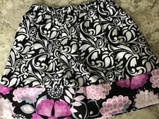 Black White Damask Elastic Waist Skirt Purple Floral Flower trim New Size 6 6X 7