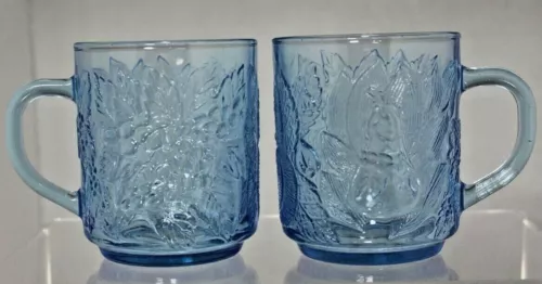 Vintage KIG Ice Blue Glass Mug Cup Set 2 Indonesia Embossed Fruit