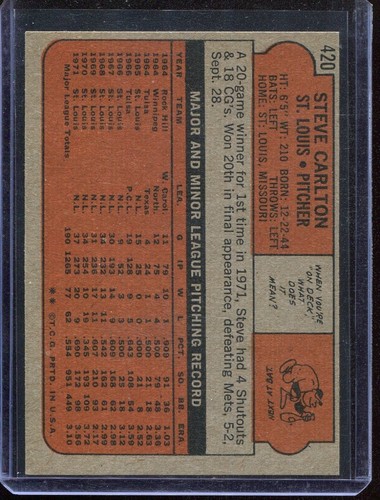 1972 Topps Baseball # 420 Steve Carlton (NM) Near Mint - Picture 2 of 2