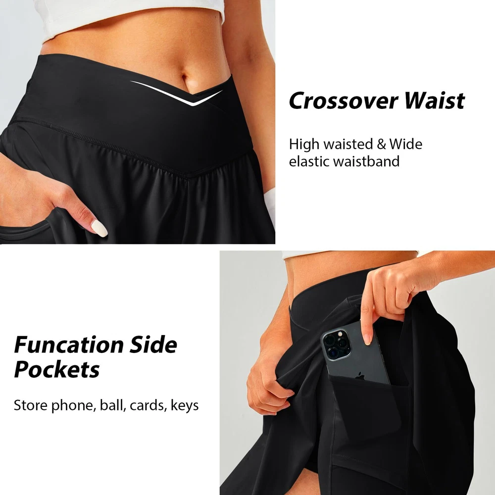 Womens Tennis Skirt with Pockets Shorts Crossover High Waisted Athletic Skort...