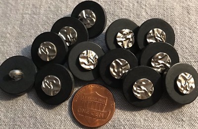 12 Matte Black & Silver Tone Center ALL PLASTIC Shank Buttons 11/16'' 18MM # 2818
