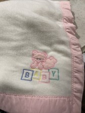 Vintage Cuddle Time Baby Blanket White w/Pink Binding Bear Applique