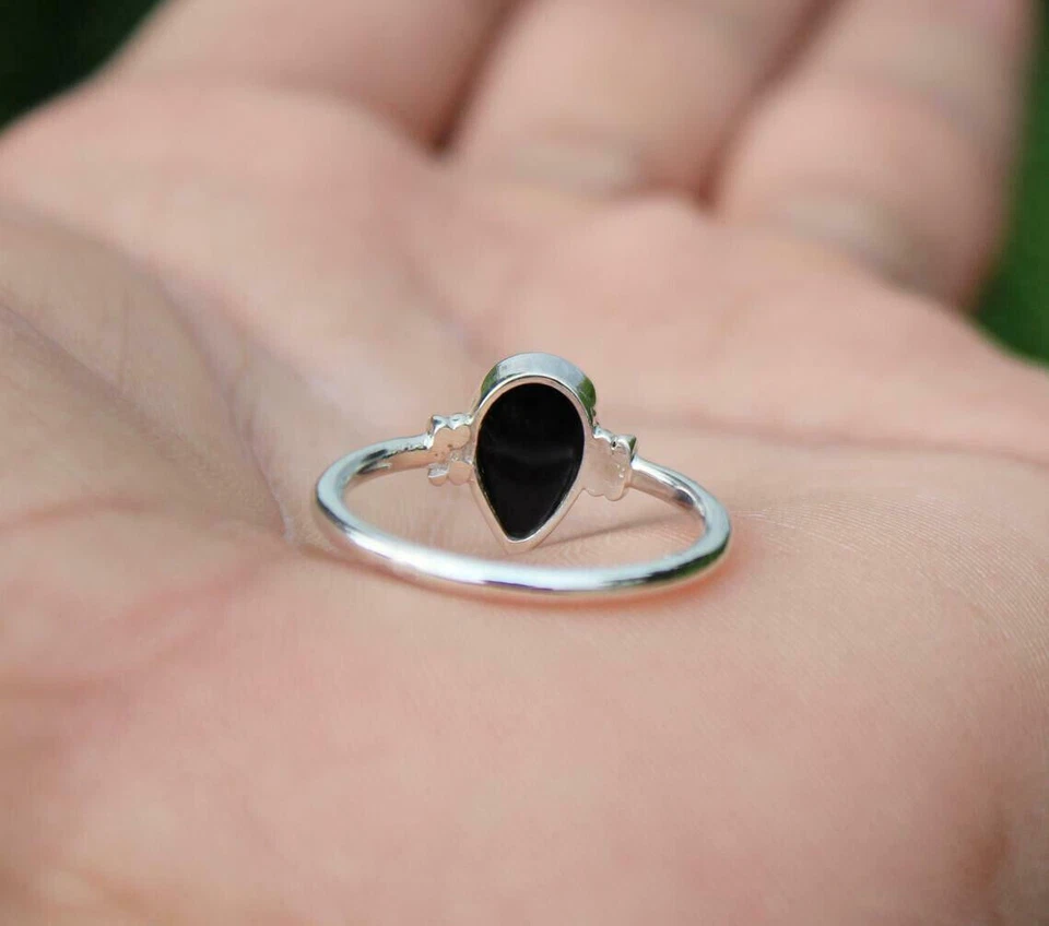 Naturale Onice Nera Anello 925 Argento Sterling Pera Cabochon Boho Gitano - Immagine 2 di 4
