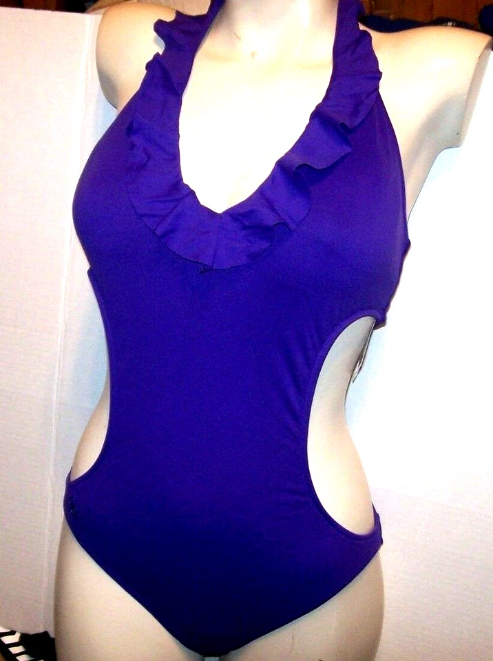 NUEVO Ralph Lauren 1 pieza una pieza traje de baño MONOKINI púrpura sólido volante talla PEQUEÑO Foto 2 de 3