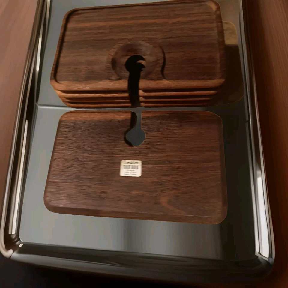 CRATE & BARREL Teak Wood Cocktail Appetizer Trays Wine & Dine Set Of 5 - Image 2 of 3