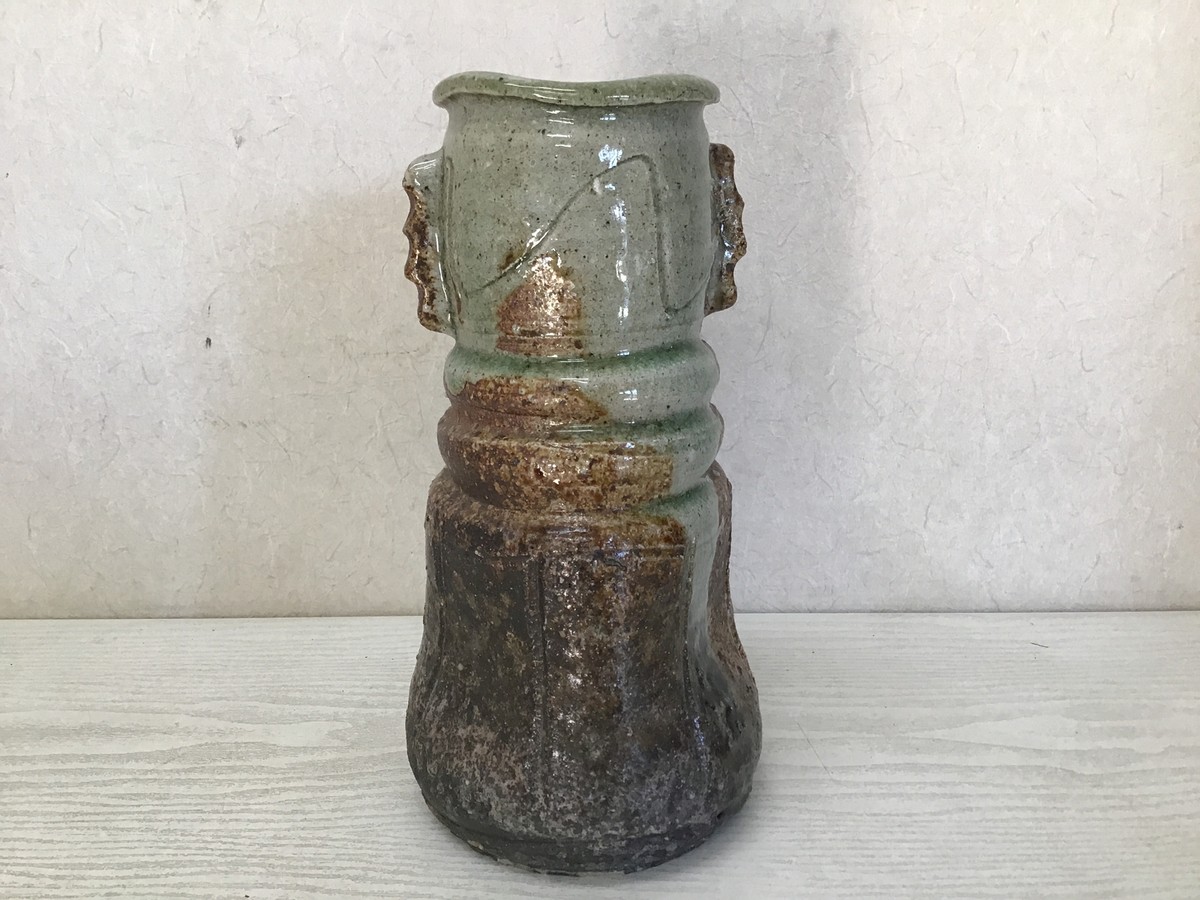Y2350 FLOWER VASE Shigaraki-ware signed Japan antique ikebana
