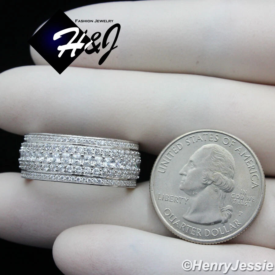 ANILLO ALIANZA DE BODA HOMBRE PLATA ESTERLINA 925 SÓLIDA COMPLETAMENTE HELADO BLING CIRCONITA CÚBICA 10 MM*SR119 Foto 4 de 4
