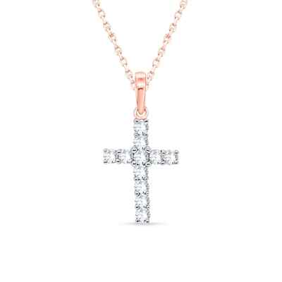14K Solid Rose Gold 0.25 Ct Certified Natural Diamond Cross Pendant 18'' Necklace