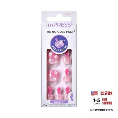 Impress No Glue Pedi 30 Pcs Press on Toenails, Pink Stick on Extension False