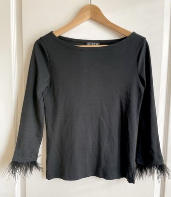 J.Crew Women s Black Ostrich Feather Trim Sleeve Top Size XXS Minimalist Glam