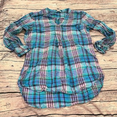 L.L. Bean Relaxed Blue and Pink Linen Plaid Tunic Size Medium