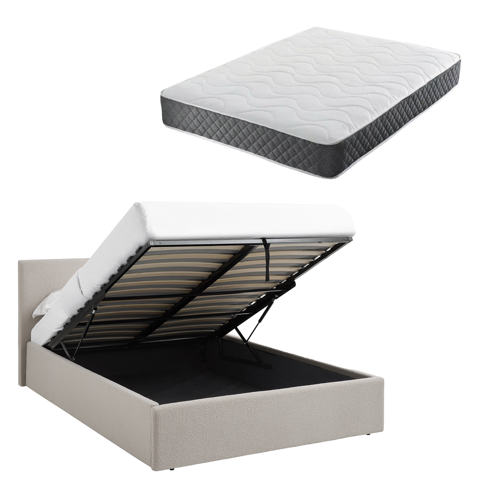 4FT Small Double Bed Ottoman Storage Beige + Spring & Foam Mattress TEDDY BOUCLE - Image 4