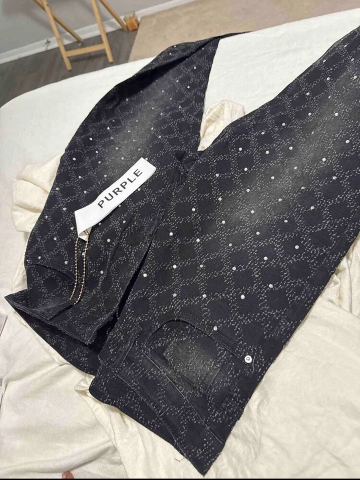 Pantalones de mezclilla desgastados acampanados acampanados ajustados morados para hombre Foto 3 de 3