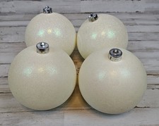 Set Of 4 Large White Iridescent Glitter Christmas Ball Ornaments Used Unbranded