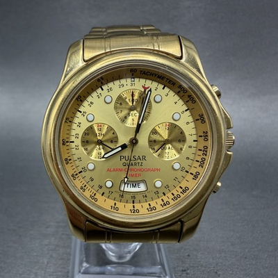 #ad Seiko Pulsar Chronograph Watch Men 39mm Gold Dial Gold Alarm Date N945 New Batt $148.74