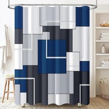 Fabric Shower Curtain Geometric Water Repellent Shower Curtain Set Navy Blue