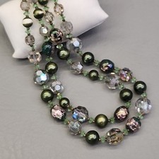 Vintage Vendome Necklace AB Glass Beaded Green Layered Foil 16"