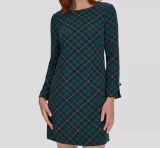 Tommy Hilfiger Women's Green Plaid Bow-Cuff Long-Sleeve Dress Petite Size 10P