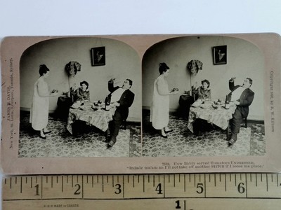 1892 Stereoview Card by B.W. Kilburn Dinner Scene 'Eow Biddy Served Tomatoes Und
