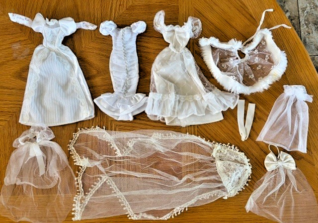 Lot of 3 Vintage Barbie Wedding Gowns + 4 Veils + 1 Cape + 1 Pair of Silk Gloves