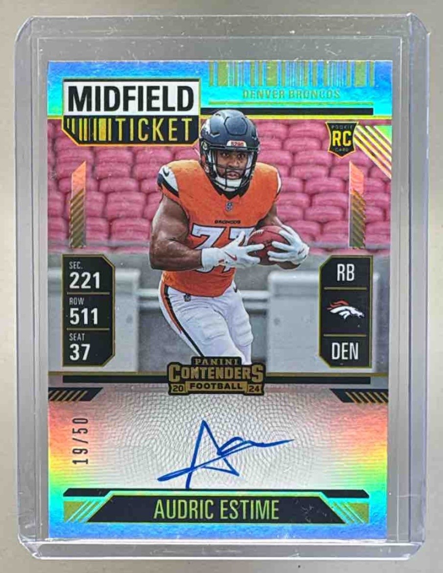 Audric Estime 2024 Panini Contenders #120 Midfield Ticket Rookie RPS Auto RC /50