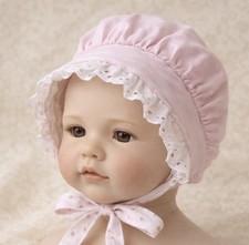 Vintage Baby Bonnet Pink Cotton Eyelet Lace Rosebud Print Ties