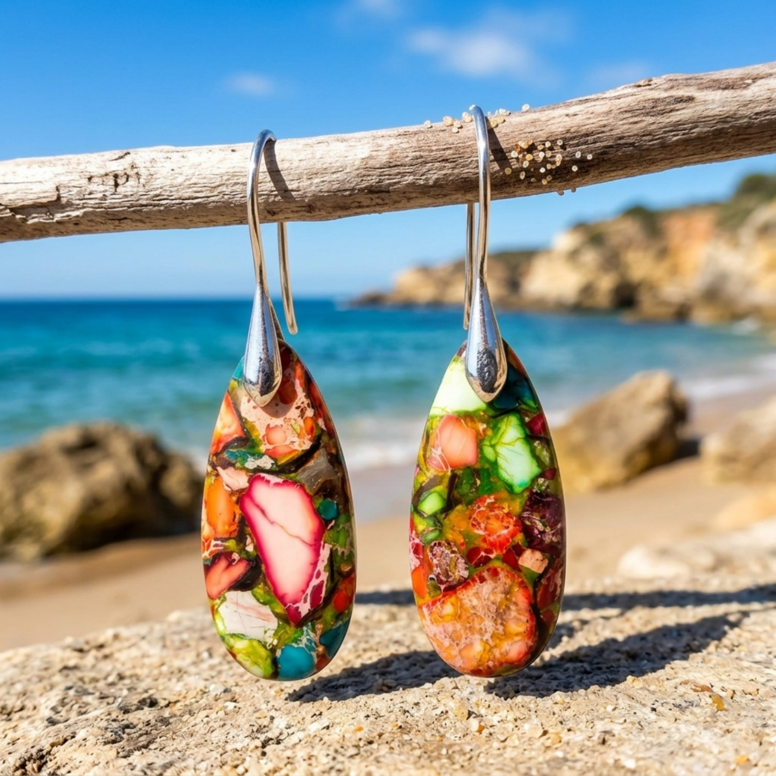 Natural Sea Sediment Jasper Earrings Boho Teardrop Dangle Healing Stone Jewelry