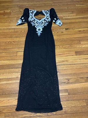 #ad Landa Size 10 Vtg Silk Evening Gown Black Silver Beaded Sequin Maxi Holiday $74.95